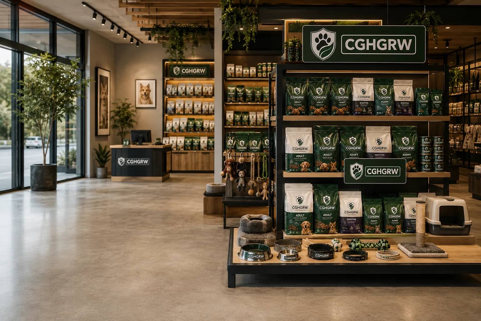 CGHGRW products arranged on shelves in a modern pet store