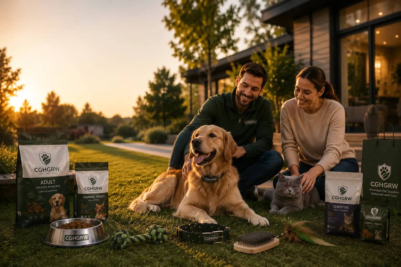 A family with their golden retriever and cat at golden hour, surrounded by CGHGRW pet food, treats and accessories