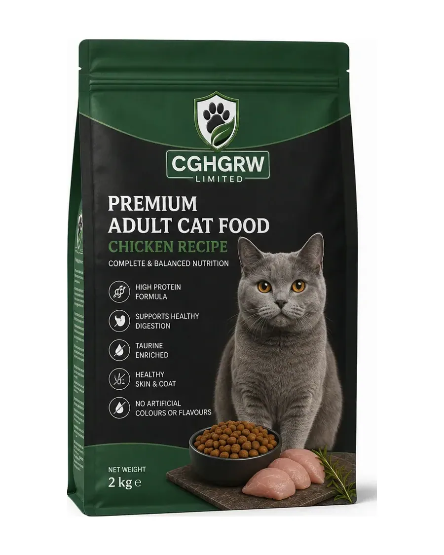 CGHGRW Premium Adult Cat Food, chicken recipe, 2kg pack, front and back of packaging