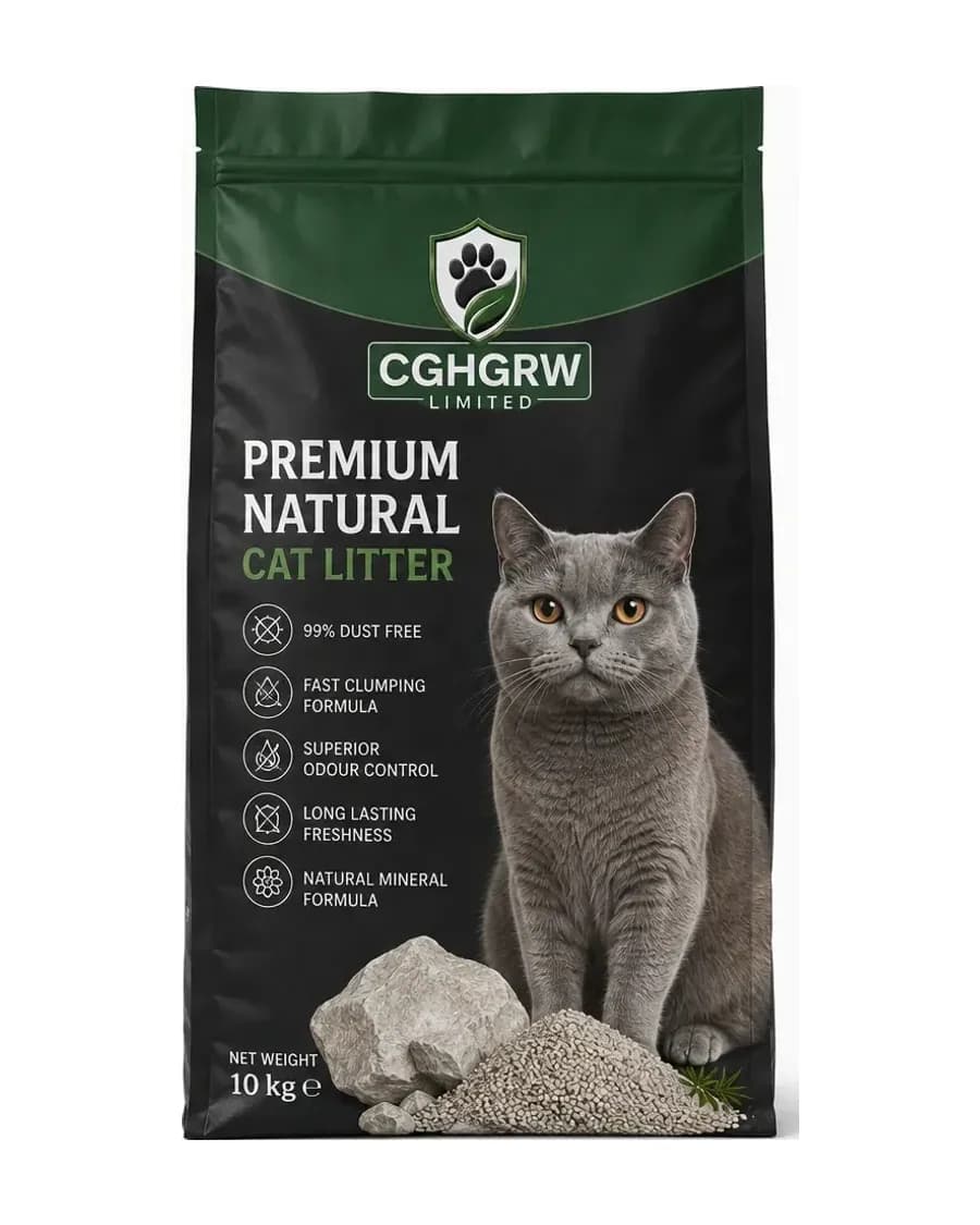CGHGRW Premium Natural Cat Litter, natural mineral, 10kg pack, front and back of packaging