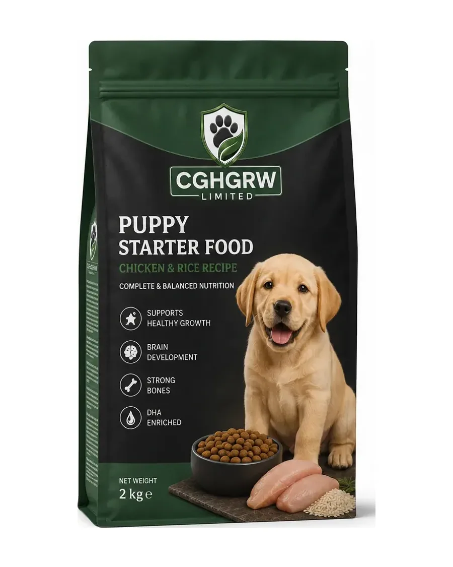CGHGRW Puppy Starter Food, chicken and rice, 2kg pack, front and back of packaging
