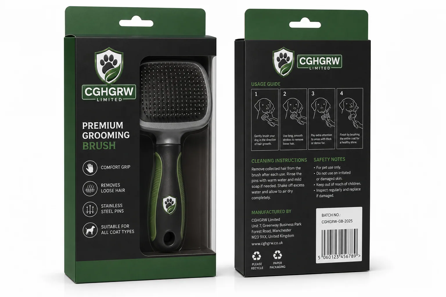 CGHGRW Premium Dog Grooming Brush with packaging