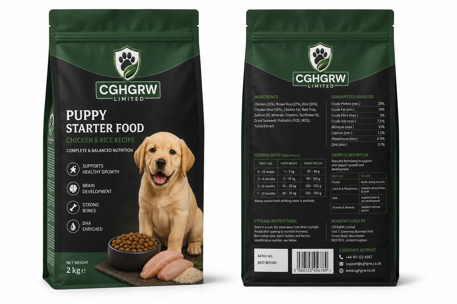 CGHGRW Puppy Starter Food, chicken and rice, 2kg pack, front and back of packaging